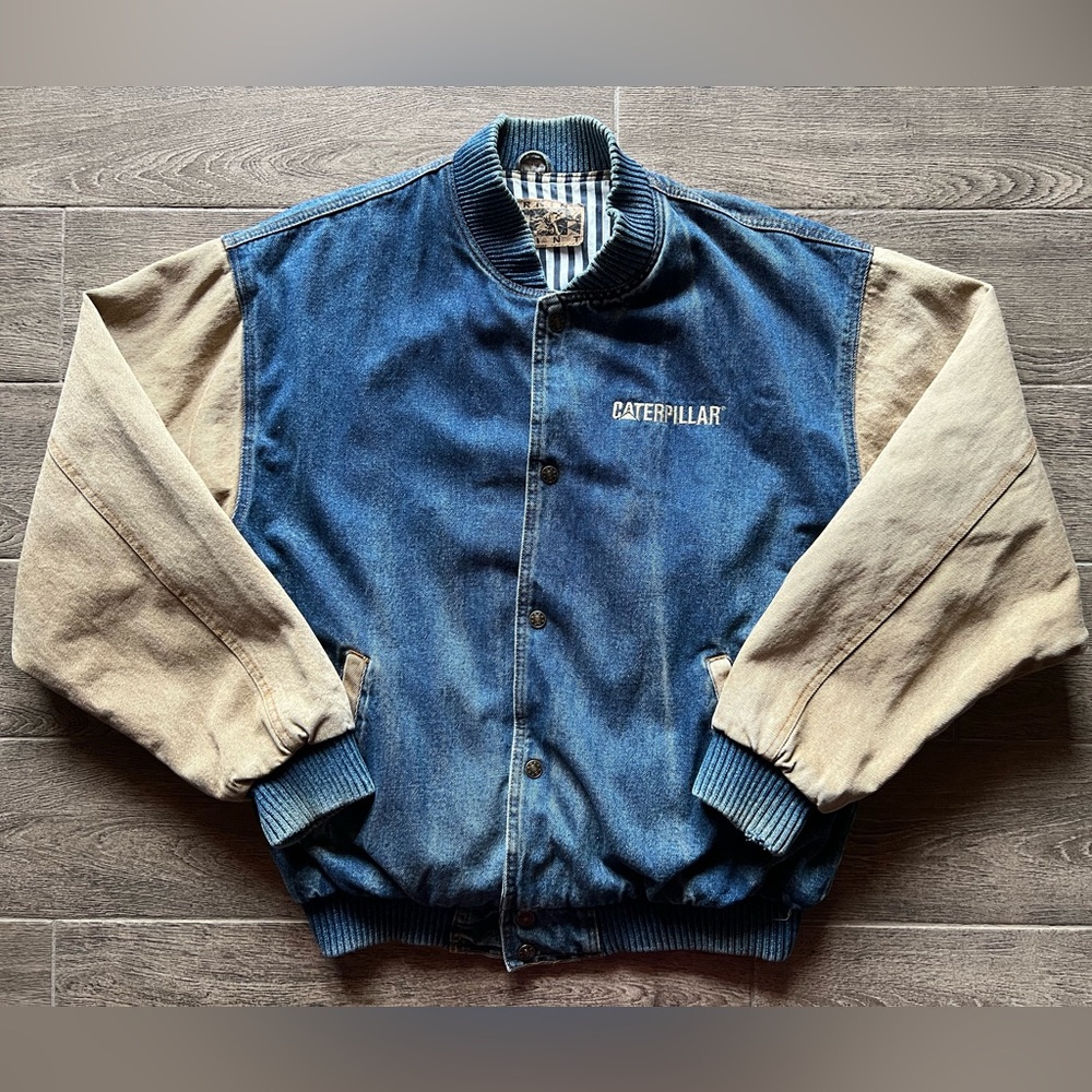 Vintage Caterpillar Denim Varsity Jacket Mens L Workwear CAT Snap Front - Picture 11 of 12